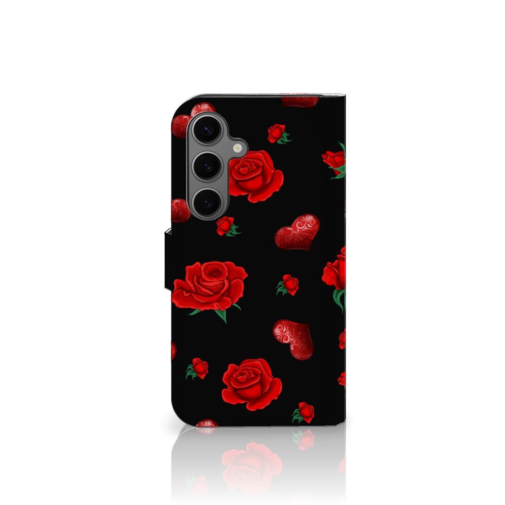 Samsung Galaxy S25 Leuk Hoesje Valentine bookcase zwarte rozen hartjes aanzicht