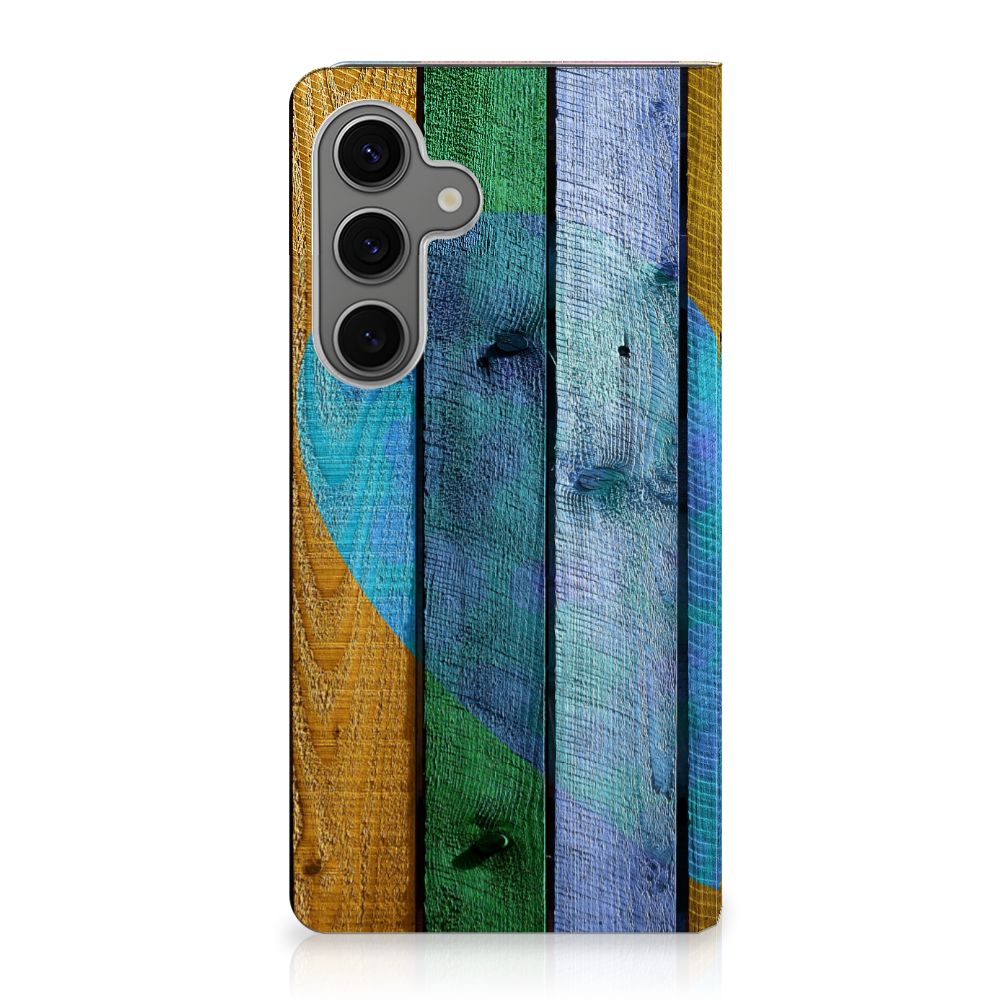 Samsung Galaxy S25 Plus Book Wallet Case Wood Heart design hartje aanzicht