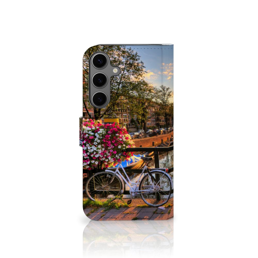 Samsung Galaxy S25 Plus Flip Cover Amsterdamse Grachten telefoonhoesje fiets bloemen Amsterdam