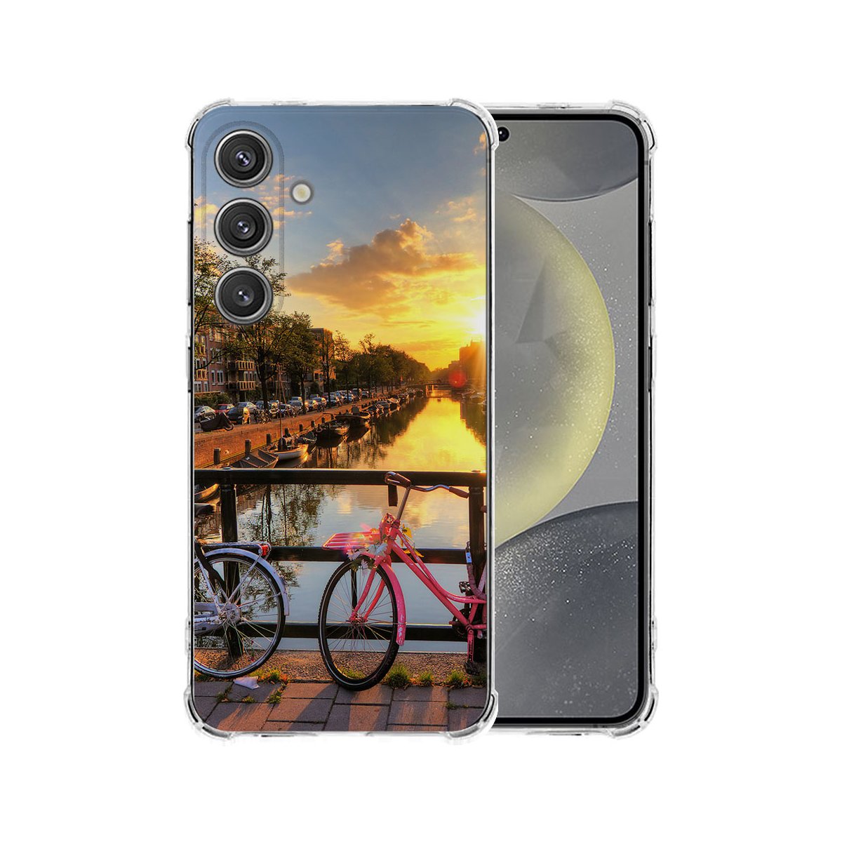 Samsung Galaxy S25 Plus Hoesje - Amsterdamse Grachten TPU Antishock hoesje Amsterdam grachten fietsen zonsondergang