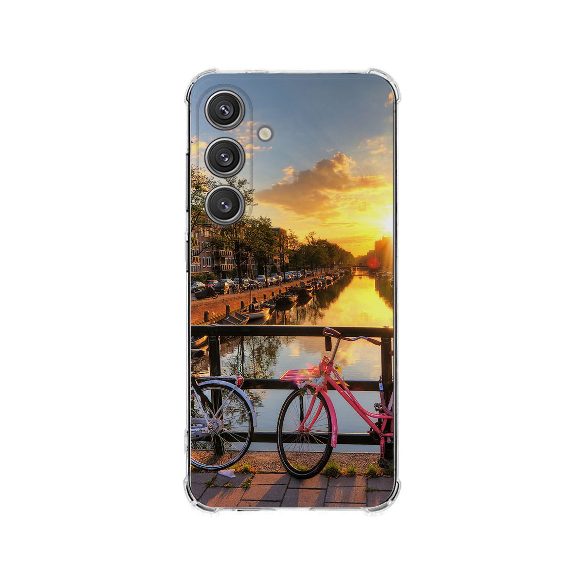 Samsung Galaxy S25 Plus Hoesje Amsterdamse Grachten TPU Antishock fiets zonsondergang kanaal