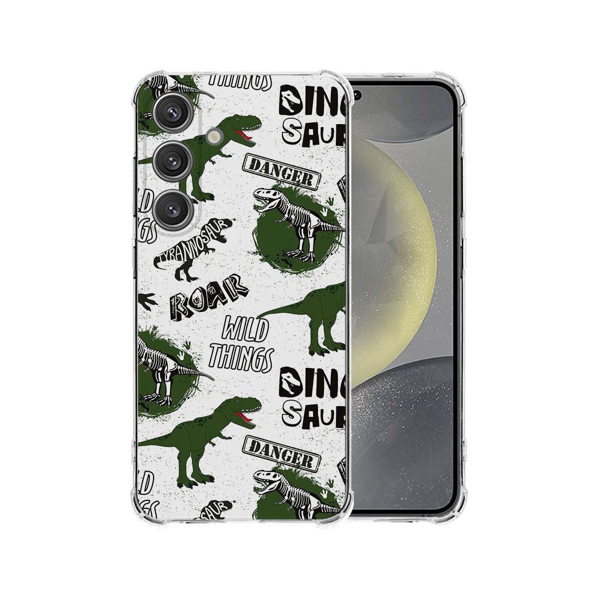 Samsung Galaxy S25 Plus Hoesje Dinosaurus TPU Antishock voorkant en achterkant met dinosaurusdesign