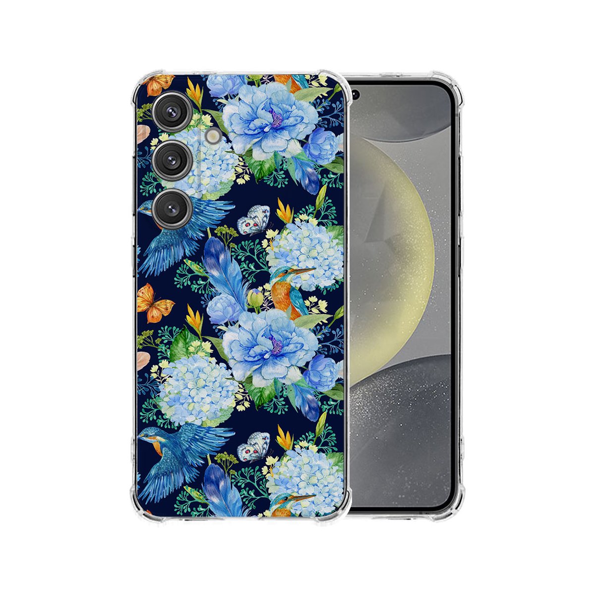 Samsung Galaxy S25 Plus Hoesje IJsvogel TPU Antishock bloemen design aanzicht