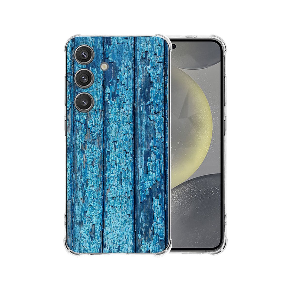 Samsung Galaxy S25 Plus Hoesje Wood Blue TPU Antishock achterkant voorkant