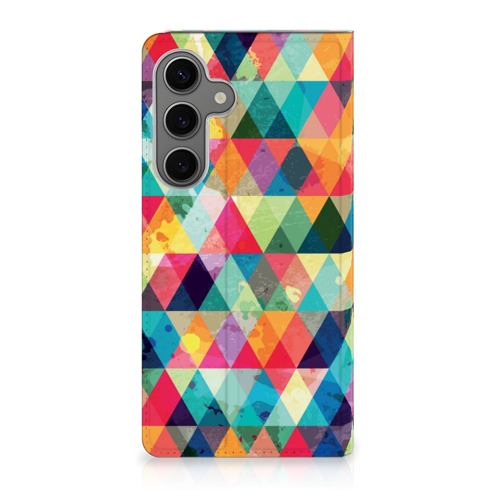 Samsung Galaxy S25 Plus Hoesje met Magneet Geruit design gekleurde driehoeken zijaanzicht