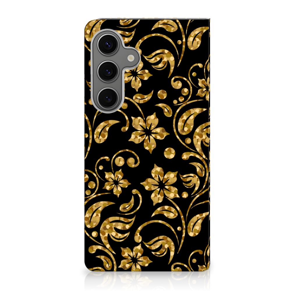 Samsung Galaxy S25 Plus Smart Cover Gouden Bloemen bloemen zwart goud