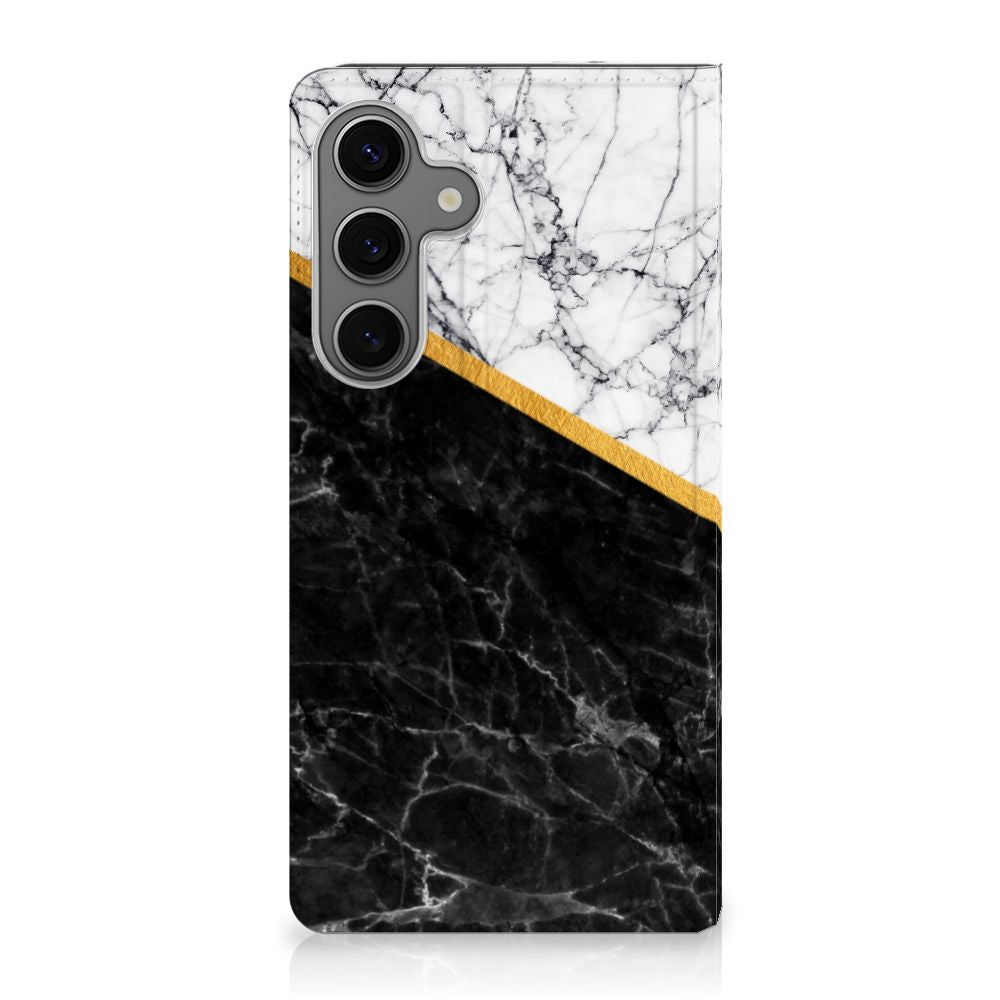 Samsung Galaxy S25 Plus Standcase Marmer Wit Zwart design zwartwit marmer aanzicht