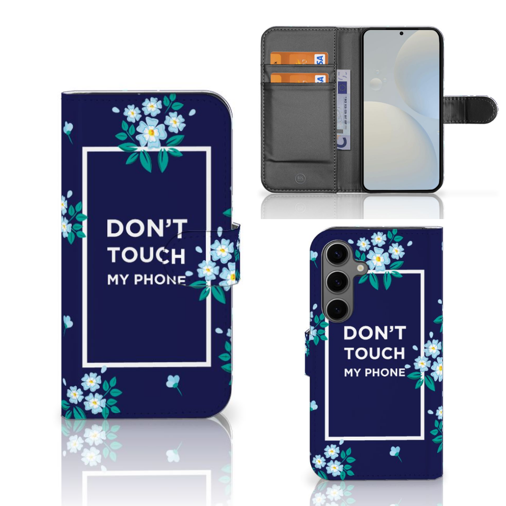 Samsung Galaxy S25 Portemonnee Hoesje Flowers Blue DTMP voorkant binnenkant zijkant