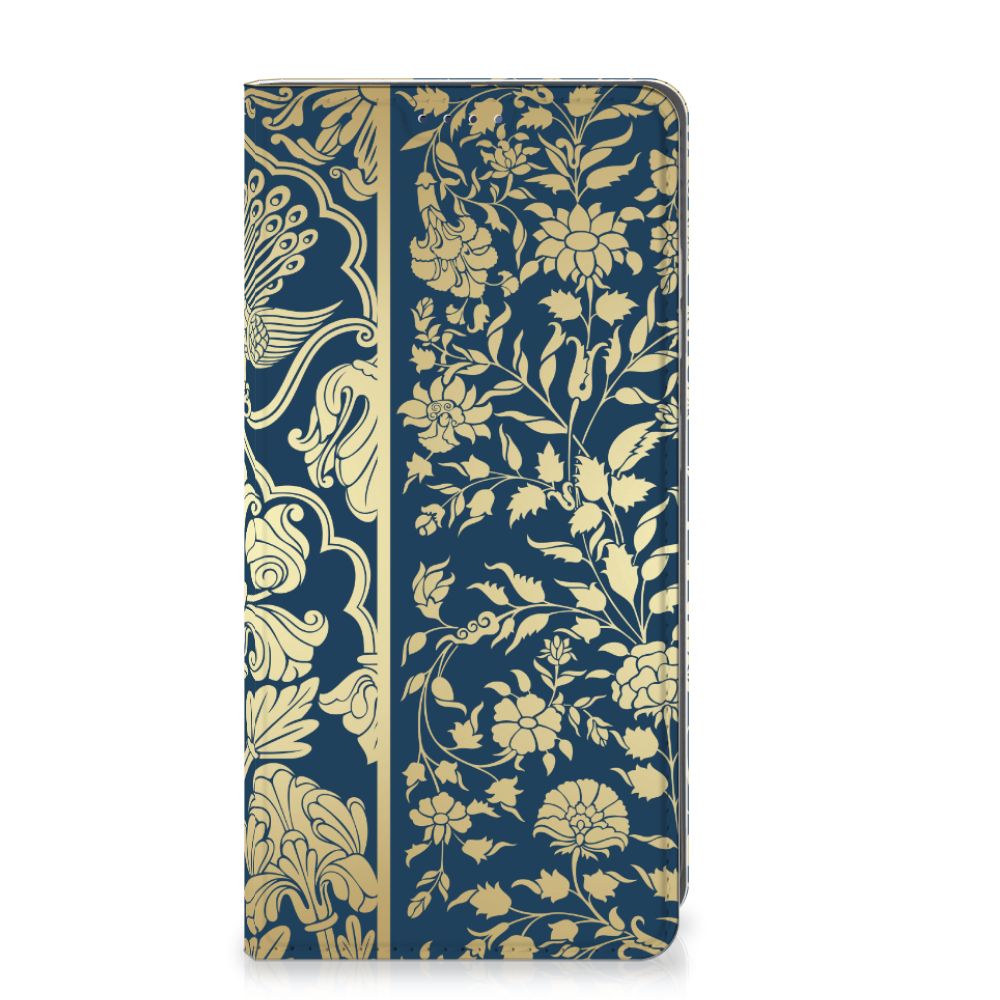 Samsung Galaxy S25 Smart Cover Beige Flowers design beige bloemen donkerblauw
