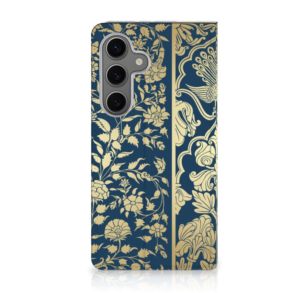 Samsung Galaxy S25 Smart Cover Beige Flowers hoesje bloemen donkerblauw