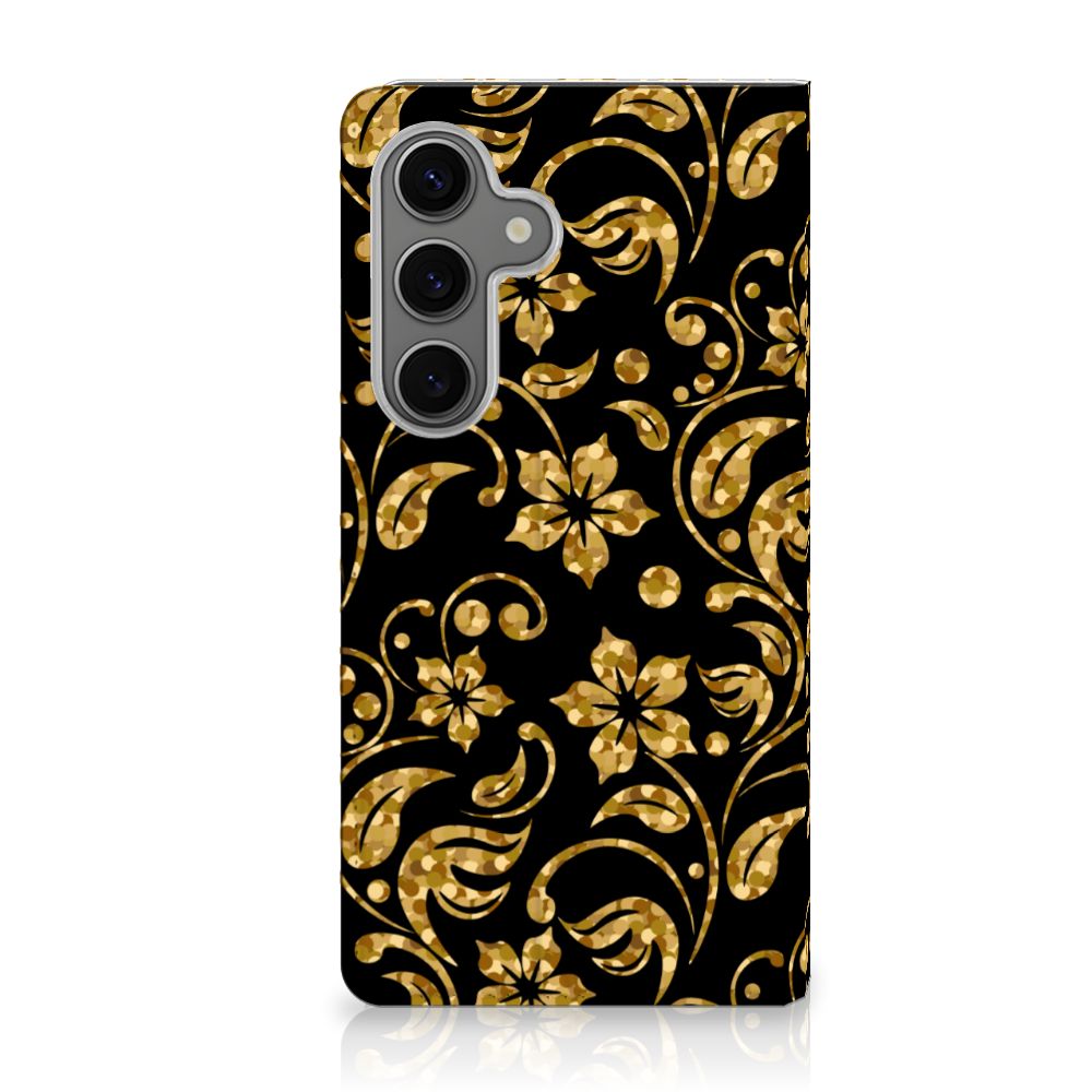 Samsung Galaxy S25 Smart Cover Gouden Bloemen bloemen zwart design achteraanzicht