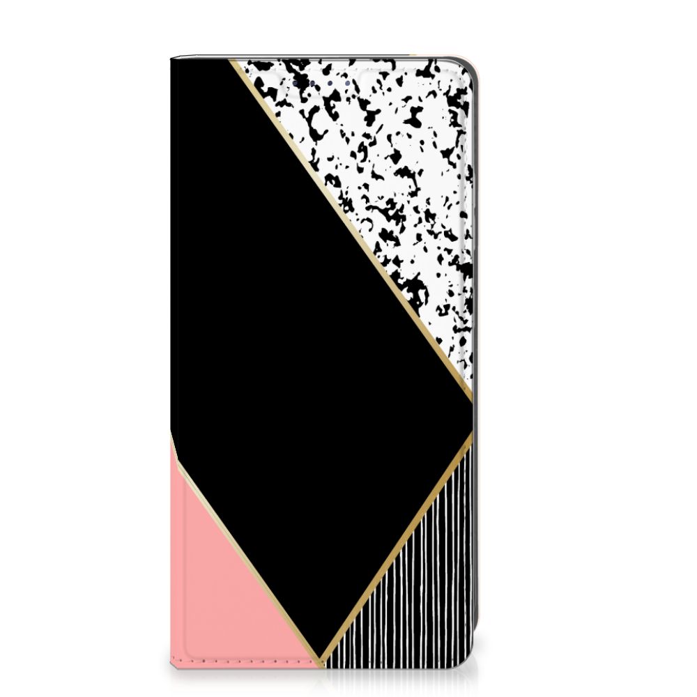 Samsung Galaxy S25 Stand Case Zwart Roze Vormen design black pink shapes aanzicht