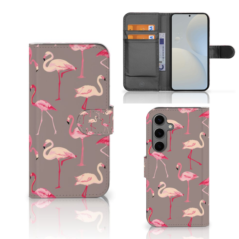 Samsung Galaxy S25 Telefoonhoesje met Pasjes Flamingo hoesje flamingo design voorkant achterkant binnenkant