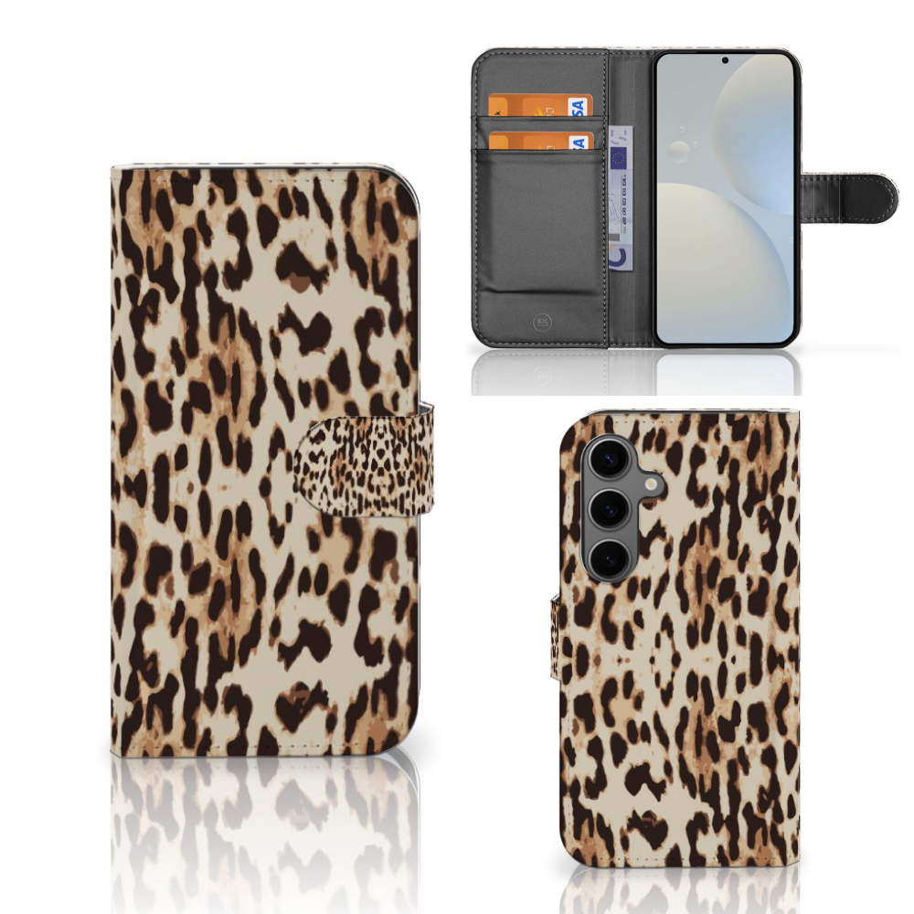 Samsung Galaxy S25 Telefoonhoesje met Pasjes Leopard hoesje panterprint aanzicht