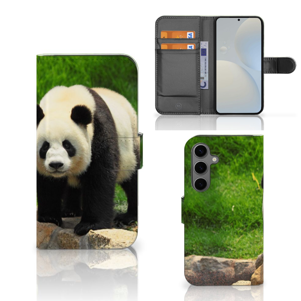 Samsung Galaxy S25 Telefoonhoesje met Pasjes Panda panda design voorzijde zijkant achterkant
