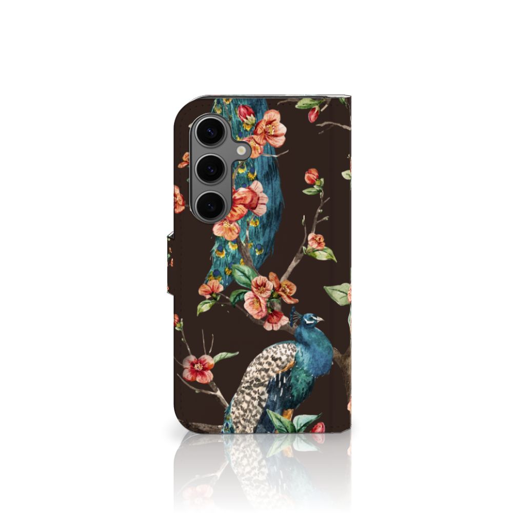 Samsung Galaxy S25 Telefoonhoesje met Pasjes Pauw met Bloemen telefoonhoesje pauw bloemen zijaanzicht