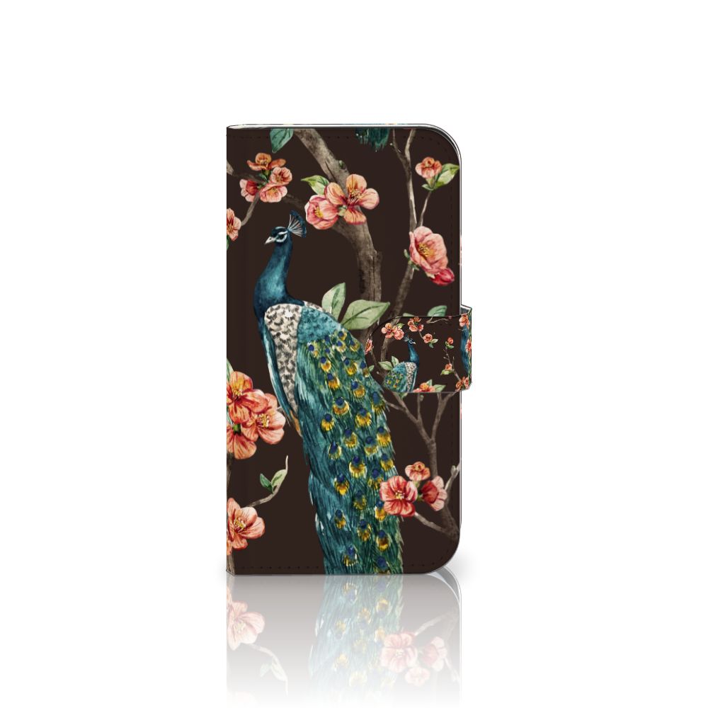 Samsung Galaxy S25 Telefoonhoesje met Pasjes Pauw met Bloemen telefoonhoesje pauw bloemen voorkant