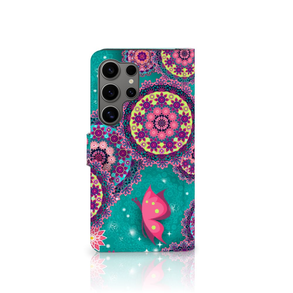 Samsung Galaxy S25 Ultra Hoesje Cirkels en Vlinders bookstyle case kleurrijk design vlinders cirkels