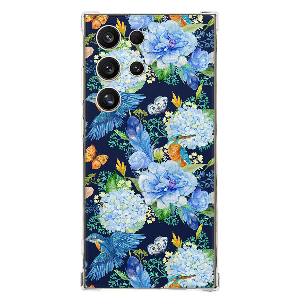 Samsung Galaxy S25 Ultra Hoesje IJsvogel TPU Antishock voorkant met bloemen en vogels