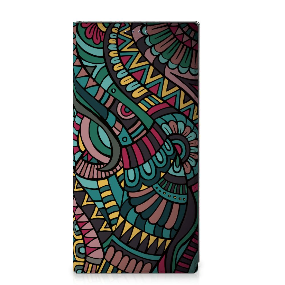 Samsung Galaxy S25 Ultra Hoesje met Magneet Aztec retro kunstzinnig ontwerp voorkant
