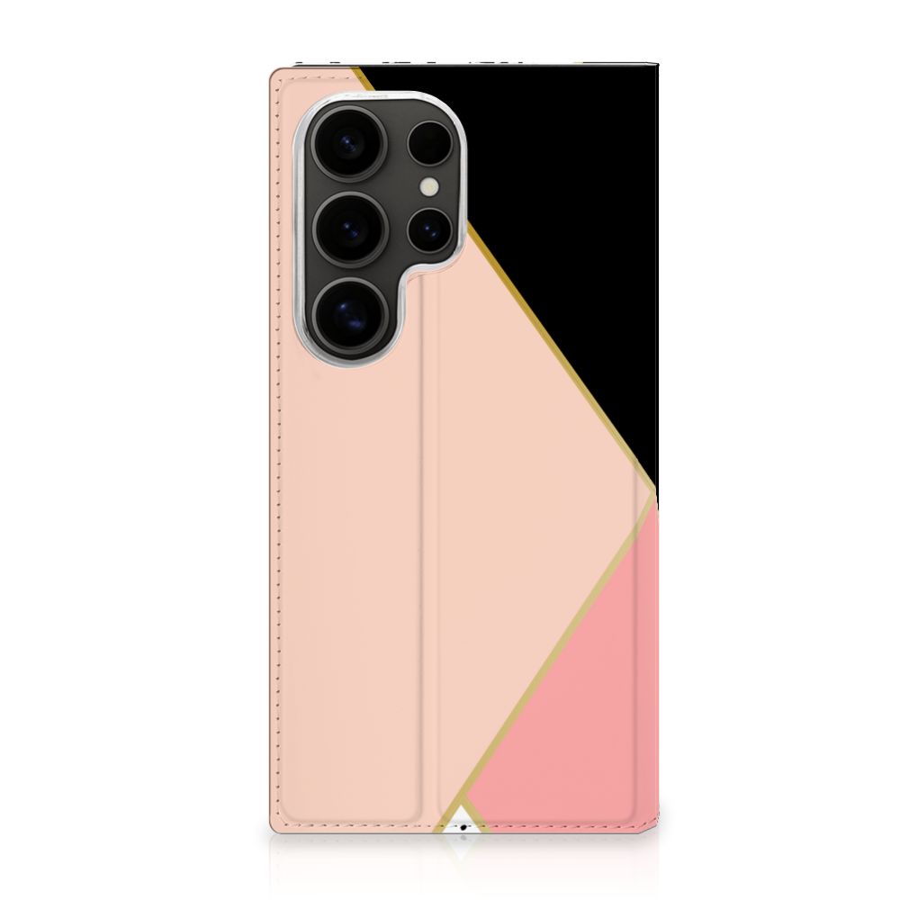 Samsung Galaxy S25 Ultra Stand Case Zwart Roze Vormen design zwart roze aanzicht
