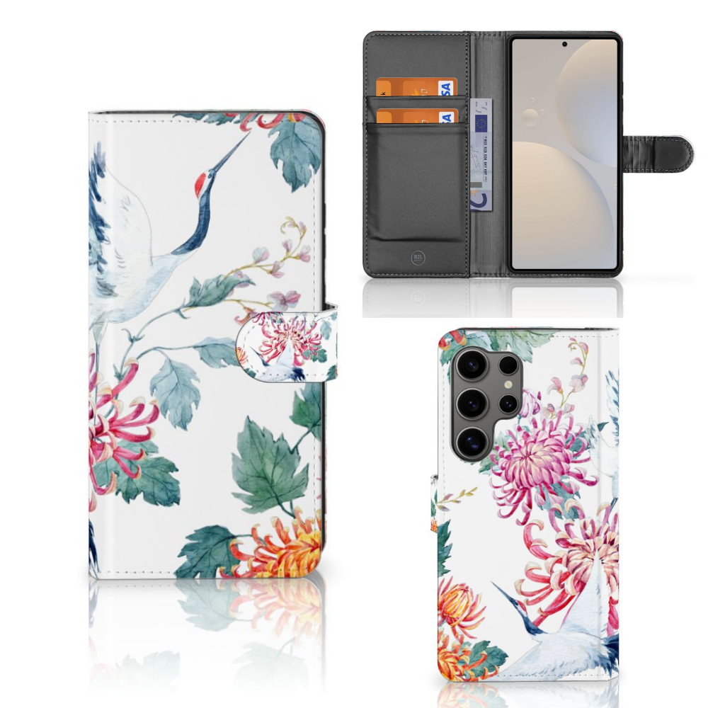 Samsung Galaxy S25 Ultra Telefoonhoesje met Pasjes Bird Flowers design bloemen vogels aanzicht