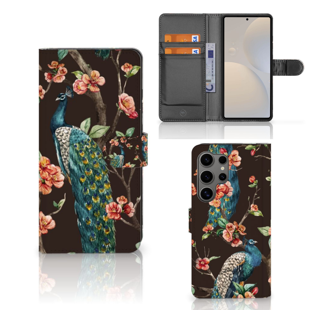 Samsung Galaxy S25 Ultra Telefoonhoesje met Pasjes Pauw met Bloemen telefoonhoesje pauw bloemen aanzicht
