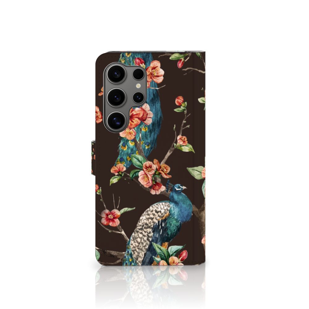Samsung Galaxy S25 Ultra Telefoonhoesje met Pasjes Pauw met Bloemen telefoonhoesje pauw met bloemen aanzicht