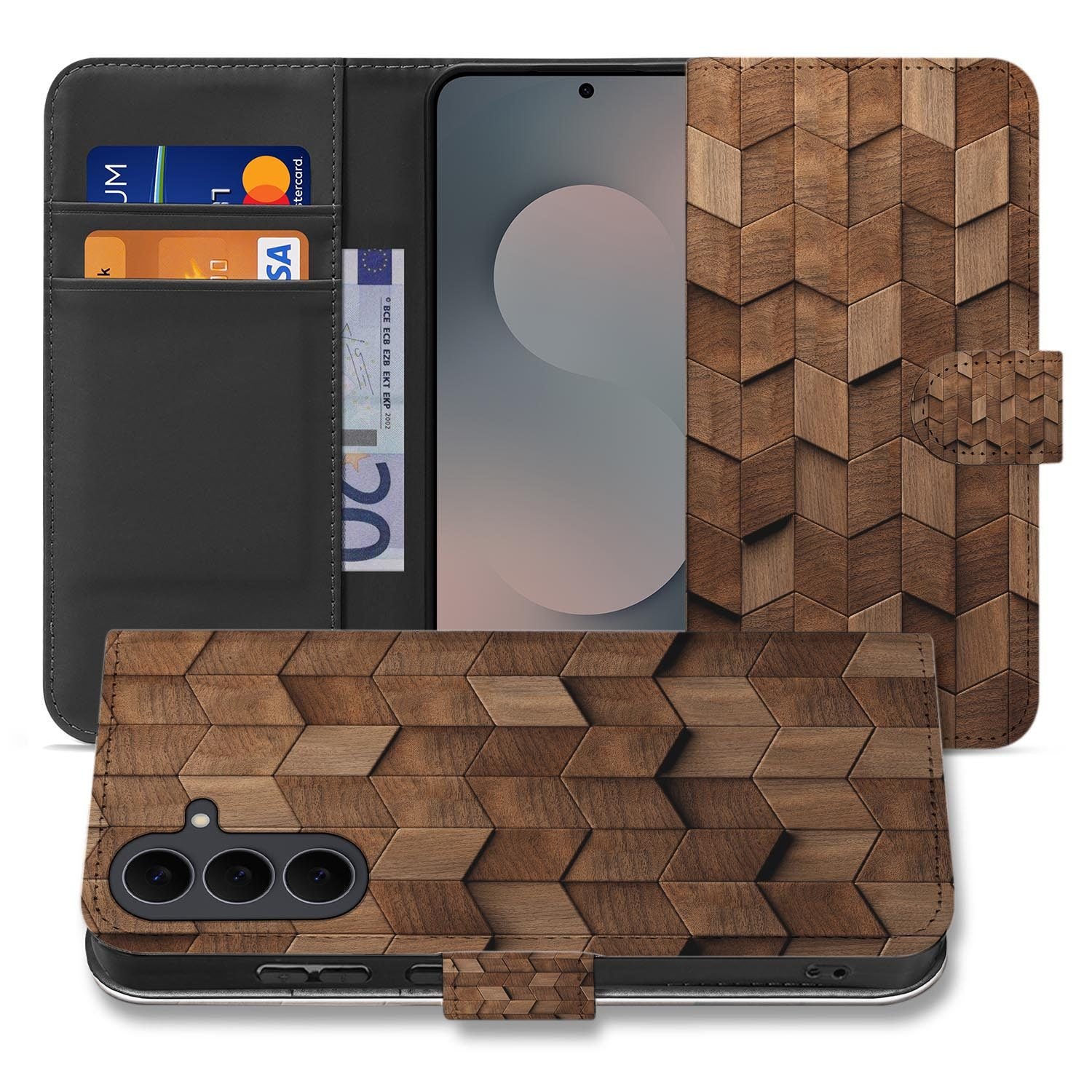 Samsung Galaxy S26 FE bookcase hoesje met Wooden Cubes houtprint in bruin