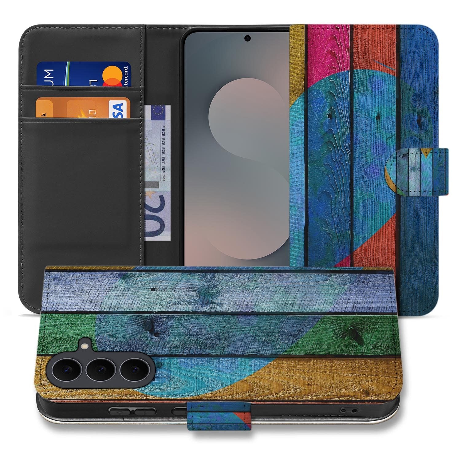 Samsung Galaxy S26 FE bookcase hoesje met Wood Heart houtprint in blauw en roze