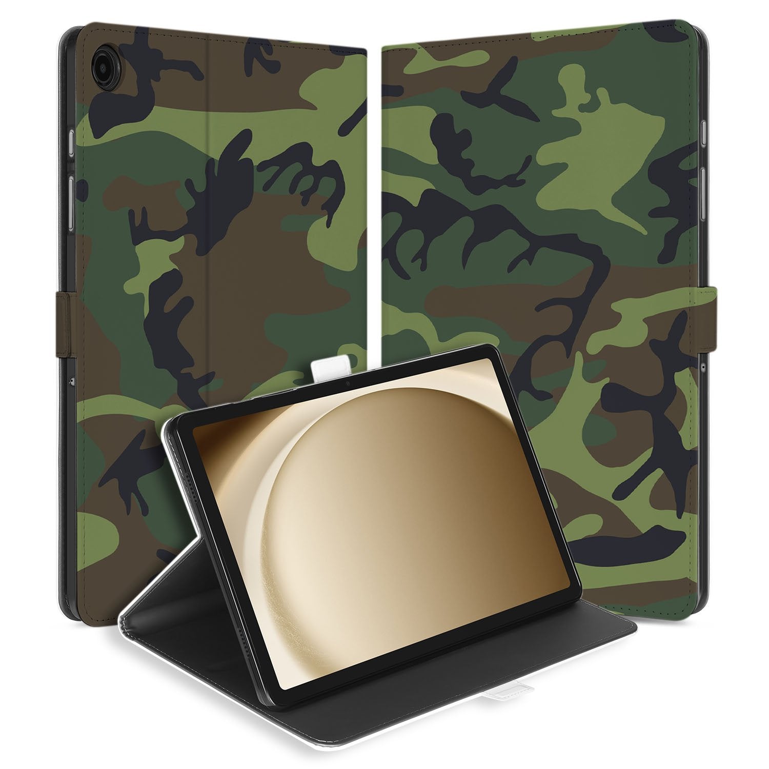 Samsung Galaxy Tab A11 Plus Book Case Hoesje met Standaard Army Dark camouflaged design front back view