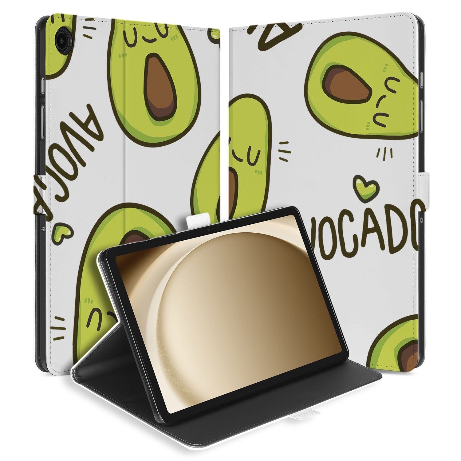 Samsung Galaxy Tab A11 Plus Book Case Hoesje met Standaard Avocado Singing design avocaat aanzicht