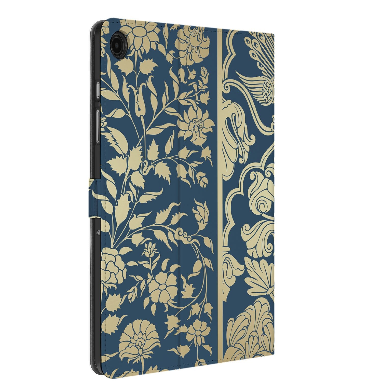 Samsung Galaxy Tab A11 Plus Book Case Hoesje met Standaard Beige Flowers bloemen navy design achterzijde