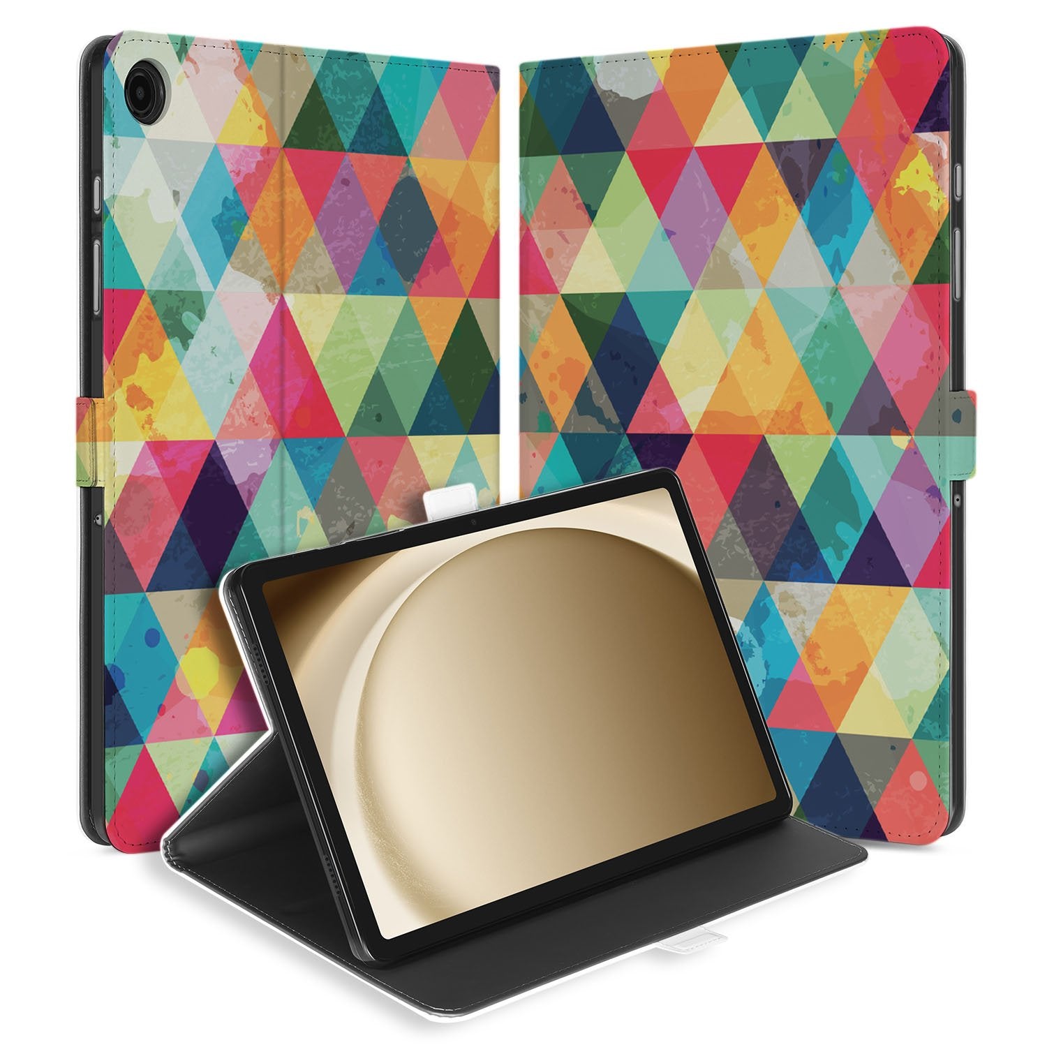 Samsung Galaxy Tab A11 Plus Book Case Hoesje met Standaard Geruit kleurrijk geometrisch design open aanzicht