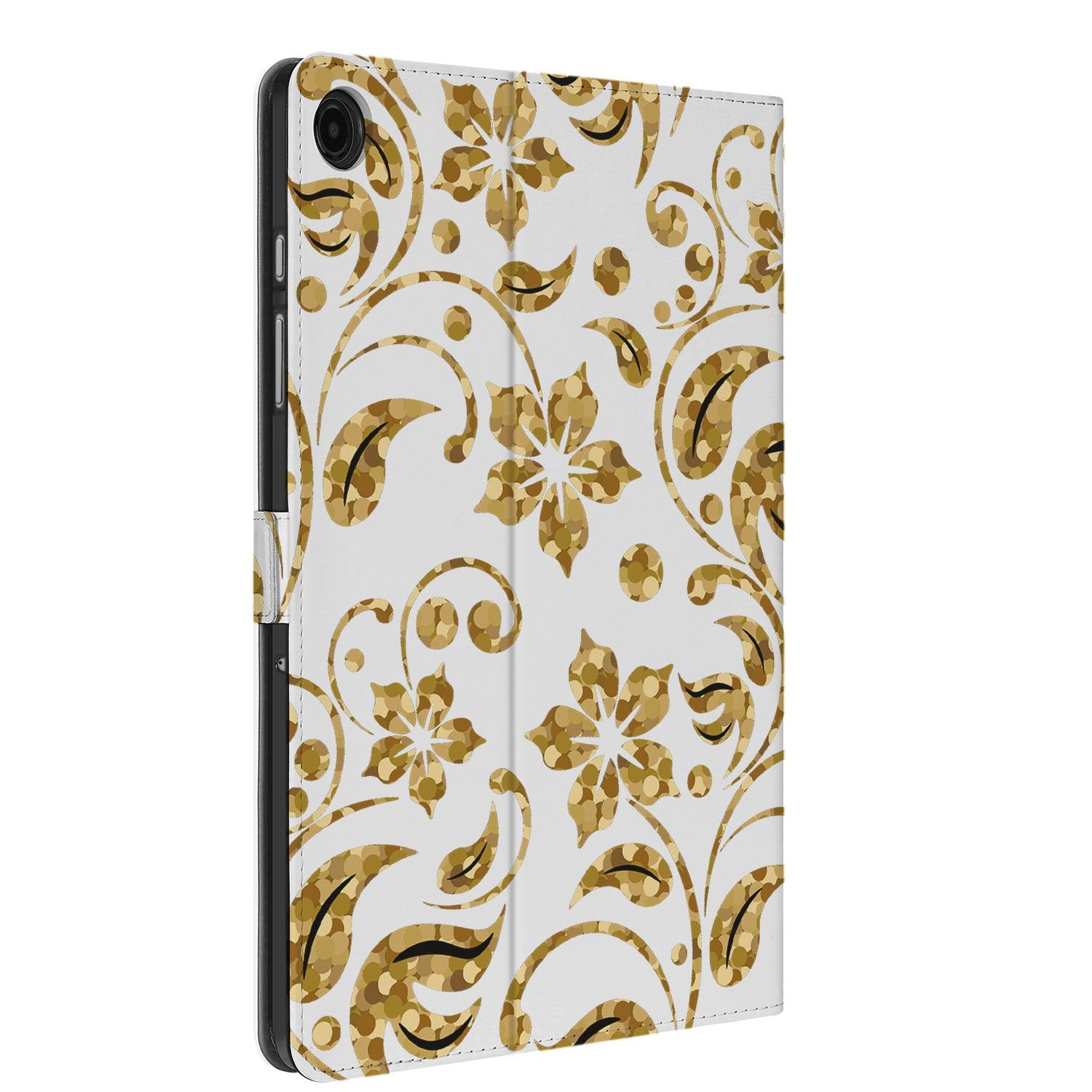 Samsung Galaxy Tab A11 Plus Book Case Hoesje met Standaard Gouden Bloemen design gouden bloemen aanzicht