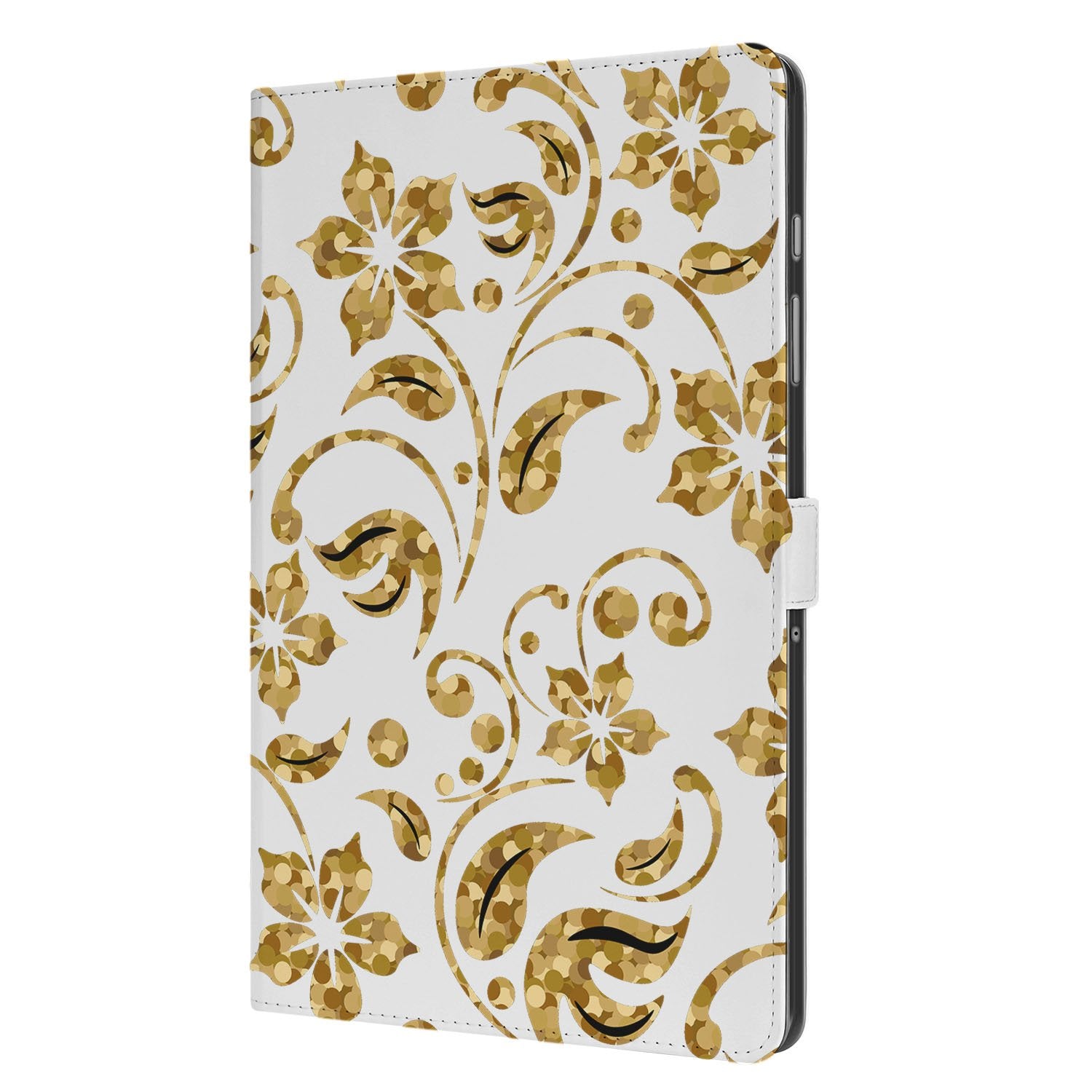 Samsung Galaxy Tab A11 Plus Book Case Hoesje met Standaard Gouden Bloemen bloemmotief zijaanzicht