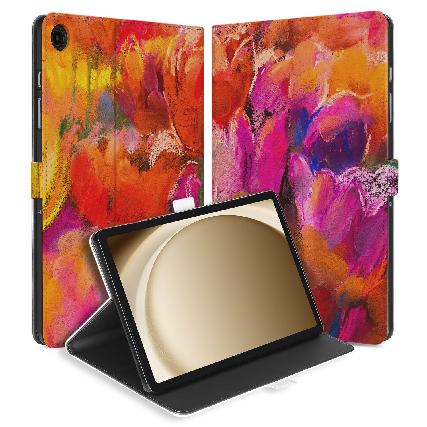 Samsung Galaxy Tab A11 Plus Book Case Hoesje met Standaard Tulips kleurrijk ontwerp zijaanzicht