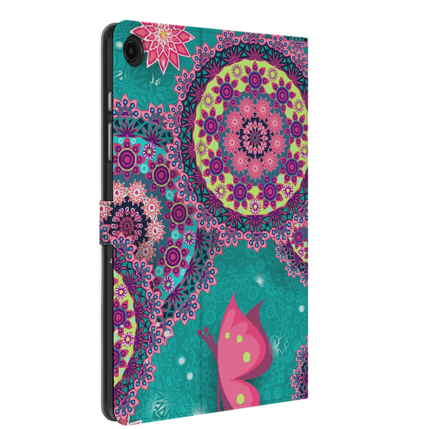 Samsung Galaxy Tab A11 Plus Tablet Hoesje Cirkels en Vlinders met Standaard designnaam zijaanzicht