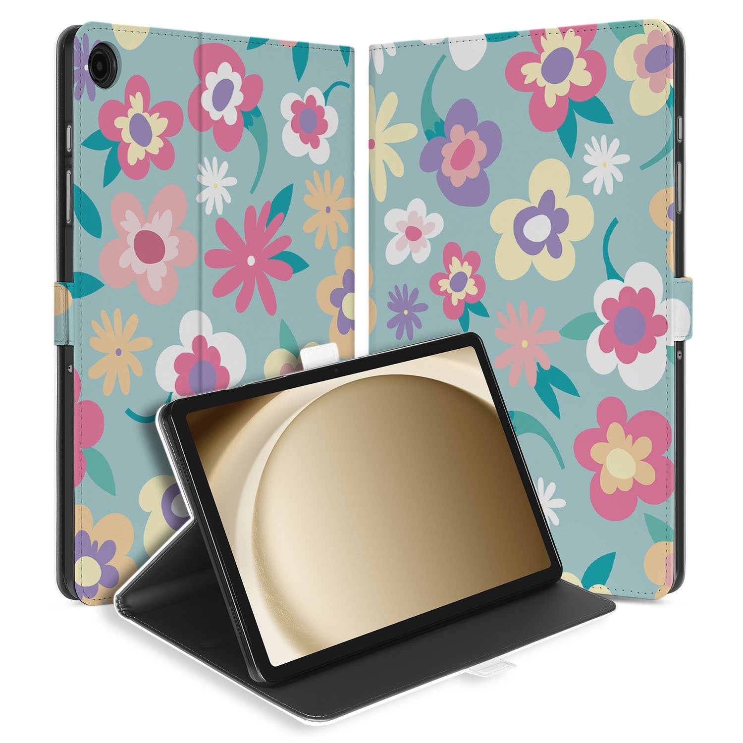 Samsung Galaxy Tab A11 Plus Tablet Hoesje Flower Power met Standaard designnaam bloemen aanzicht