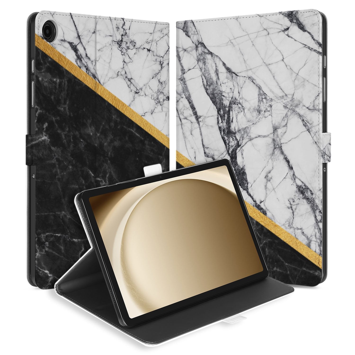 Samsung Galaxy Tab A11 Plus Tablet Hoesje Marble White Black met Standaard design marble zwart wit aanzicht