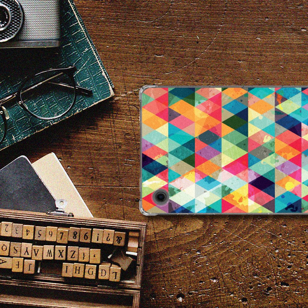 Samsung Galaxy Tab A9 Hippe Hoes Geruit kleurig geometrisch patroon bovenaanzicht