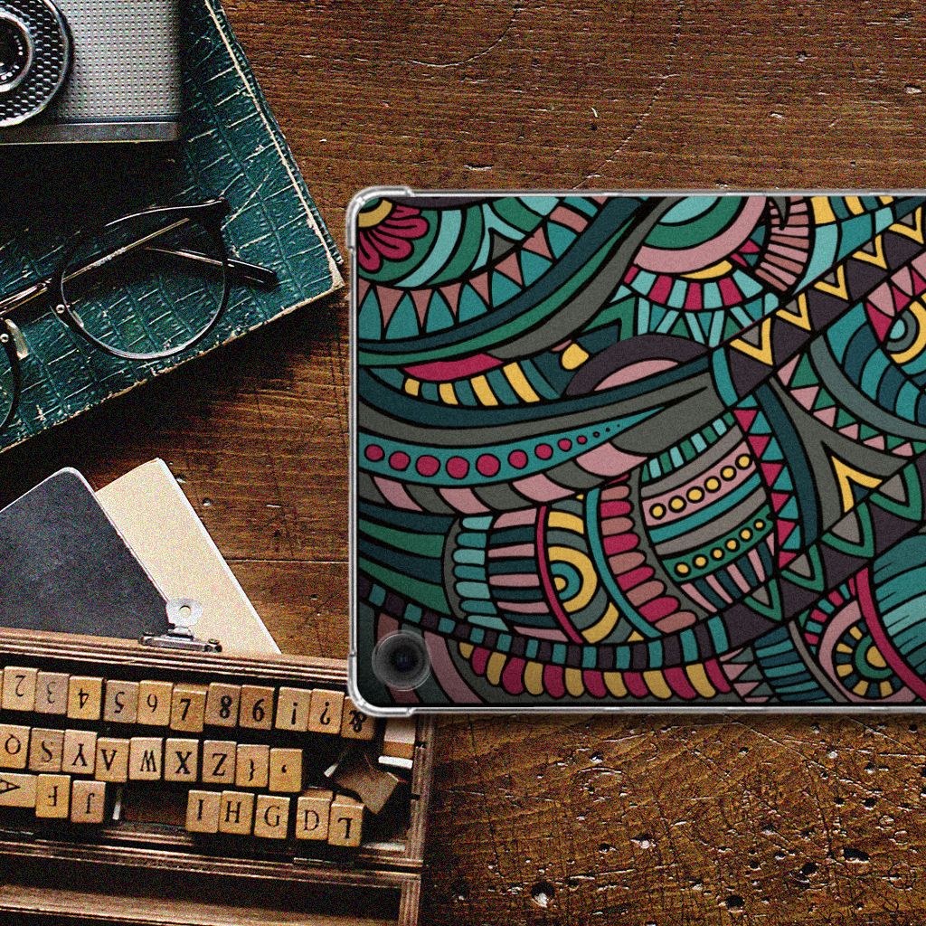 Samsung Galaxy Tab A9 Plus Hippe Hoes Aztec design kleurrijk retro patroon bovenaanzicht