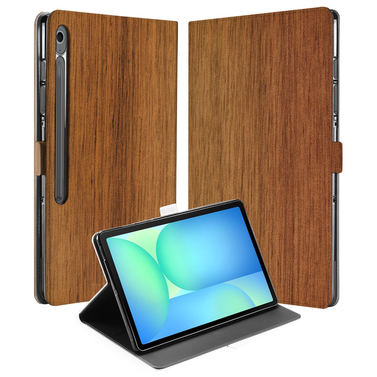 Samsung Galaxy Tab S10 FE Plus Book Case Hoesje met Standaard Donker Hout aanzicht voorzijde