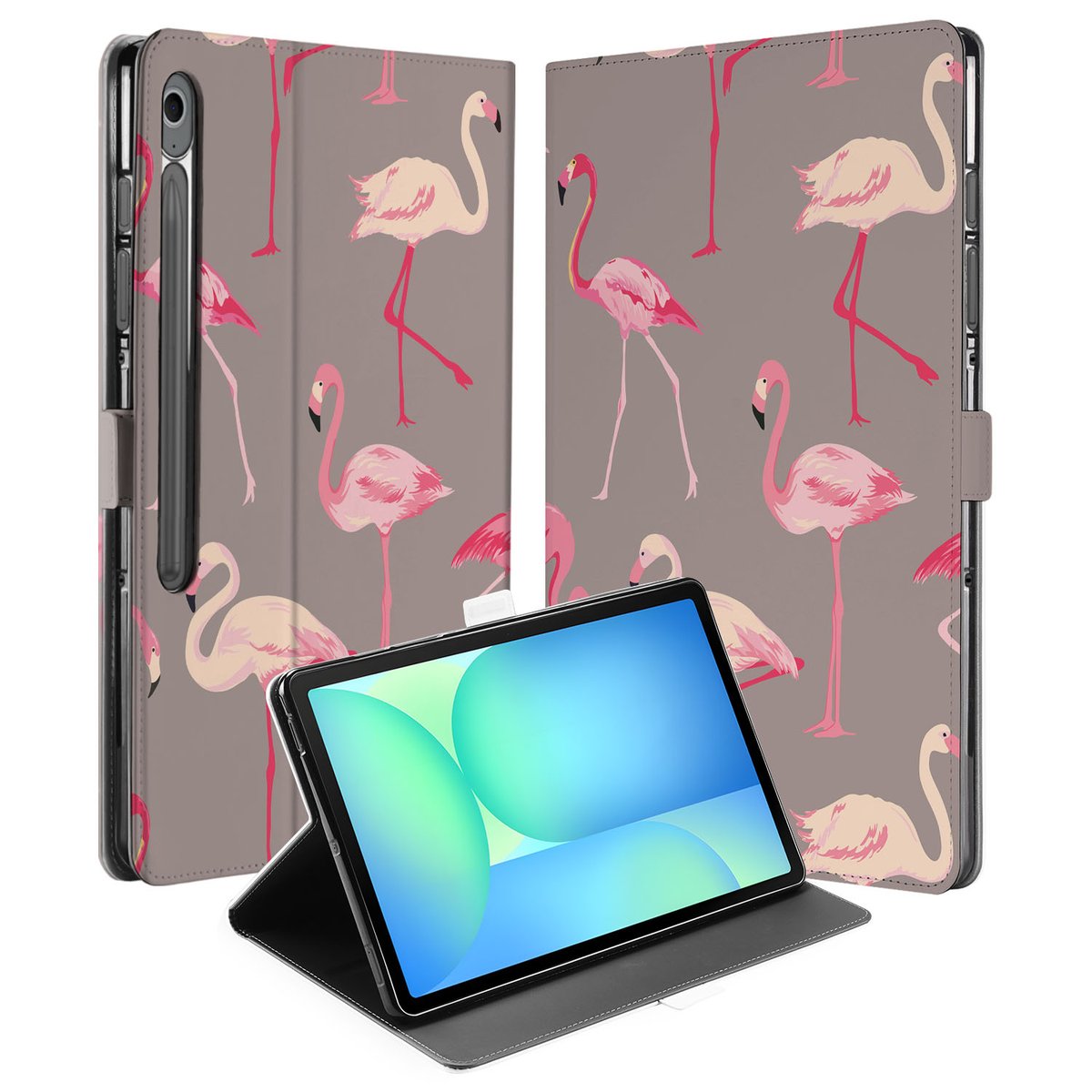 Samsung Galaxy Tab S10 FE Plus Book Case Hoesje met Standaard Flamingo design flamingo aanzicht
