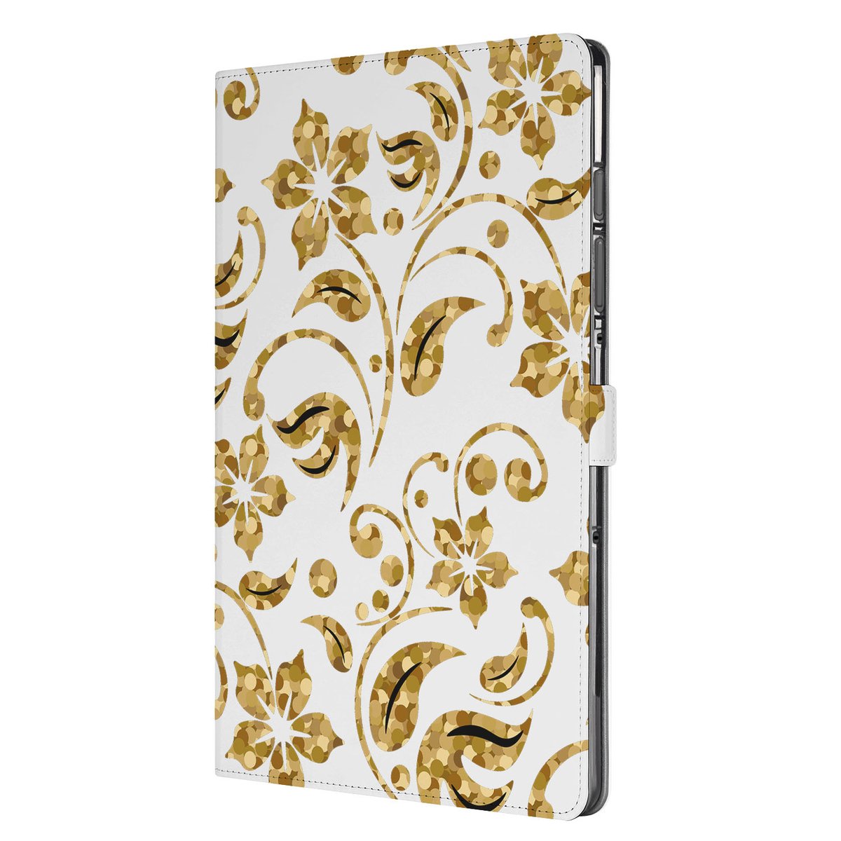 Samsung Galaxy Tab S10 FE Plus Book Case Hoesje met Standaard Gouden Bloemen bloemen design zijaanzicht