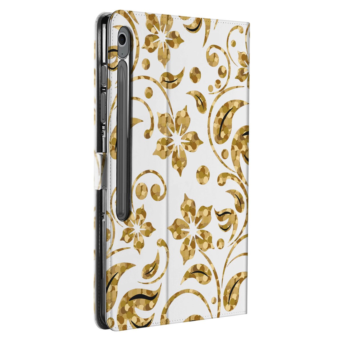 Samsung Galaxy Tab S10 FE Plus Book Case Hoesje met Standaard Gouden Bloemen design gouden bloemen aanzicht