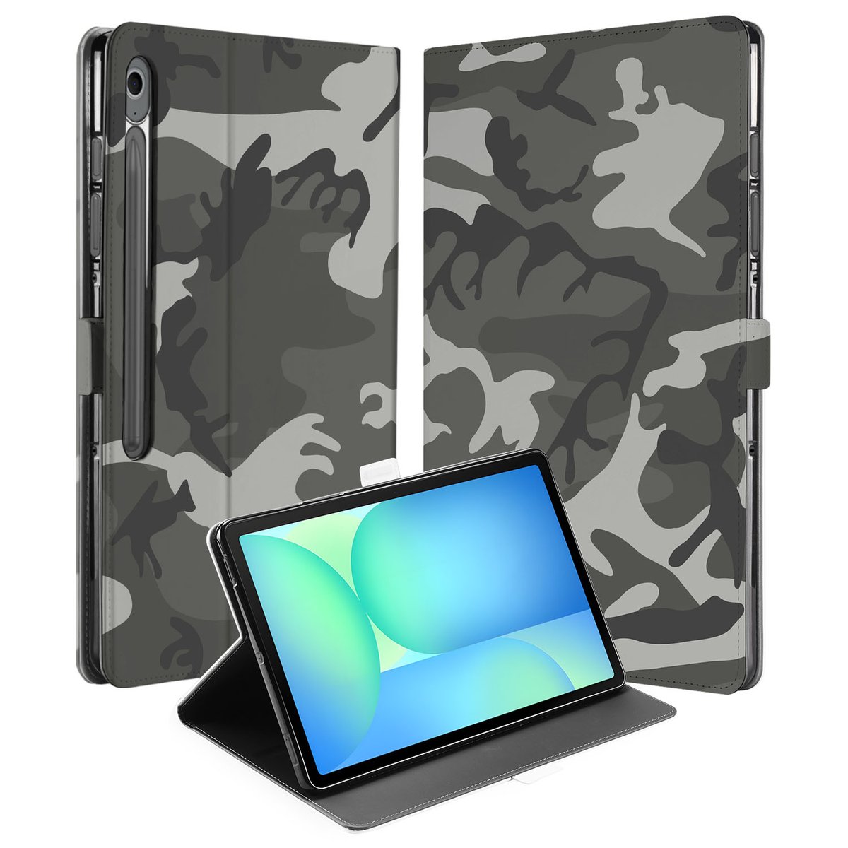 Samsung Galaxy Tab S10 FE Plus Tablet Hoesje Army Light met Standaard camouflage design voorkant achterzijde zijaanzicht