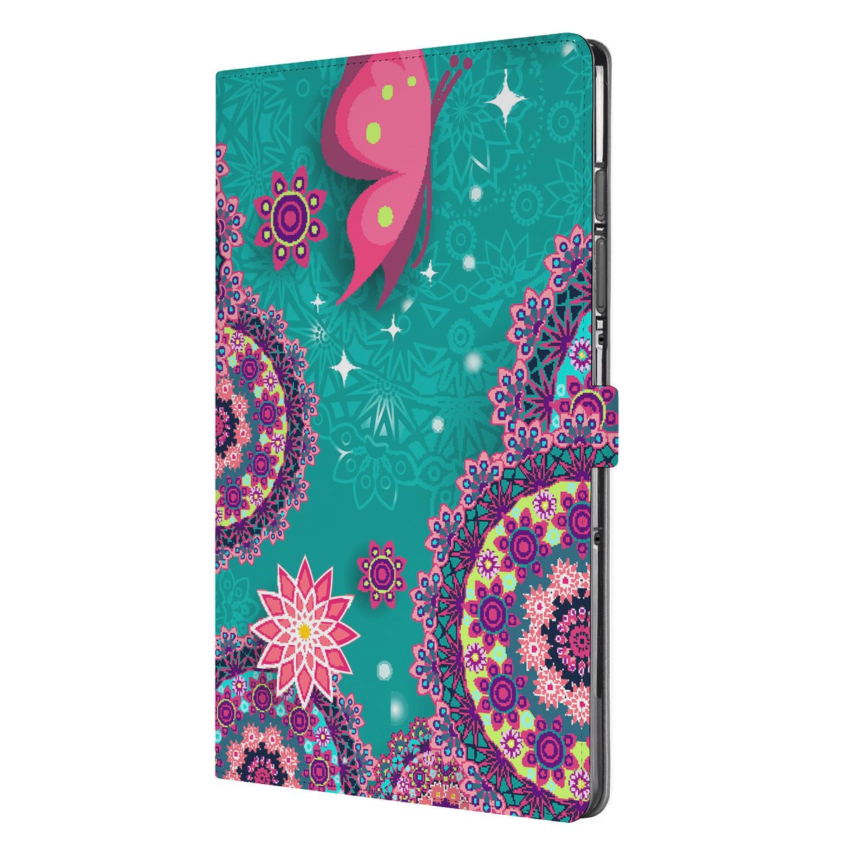 Samsung Galaxy Tab S10 FE Plus Tablet Hoesje Cirkels en Vlinders met Standaard design Cirkels en Vlinders aanzicht