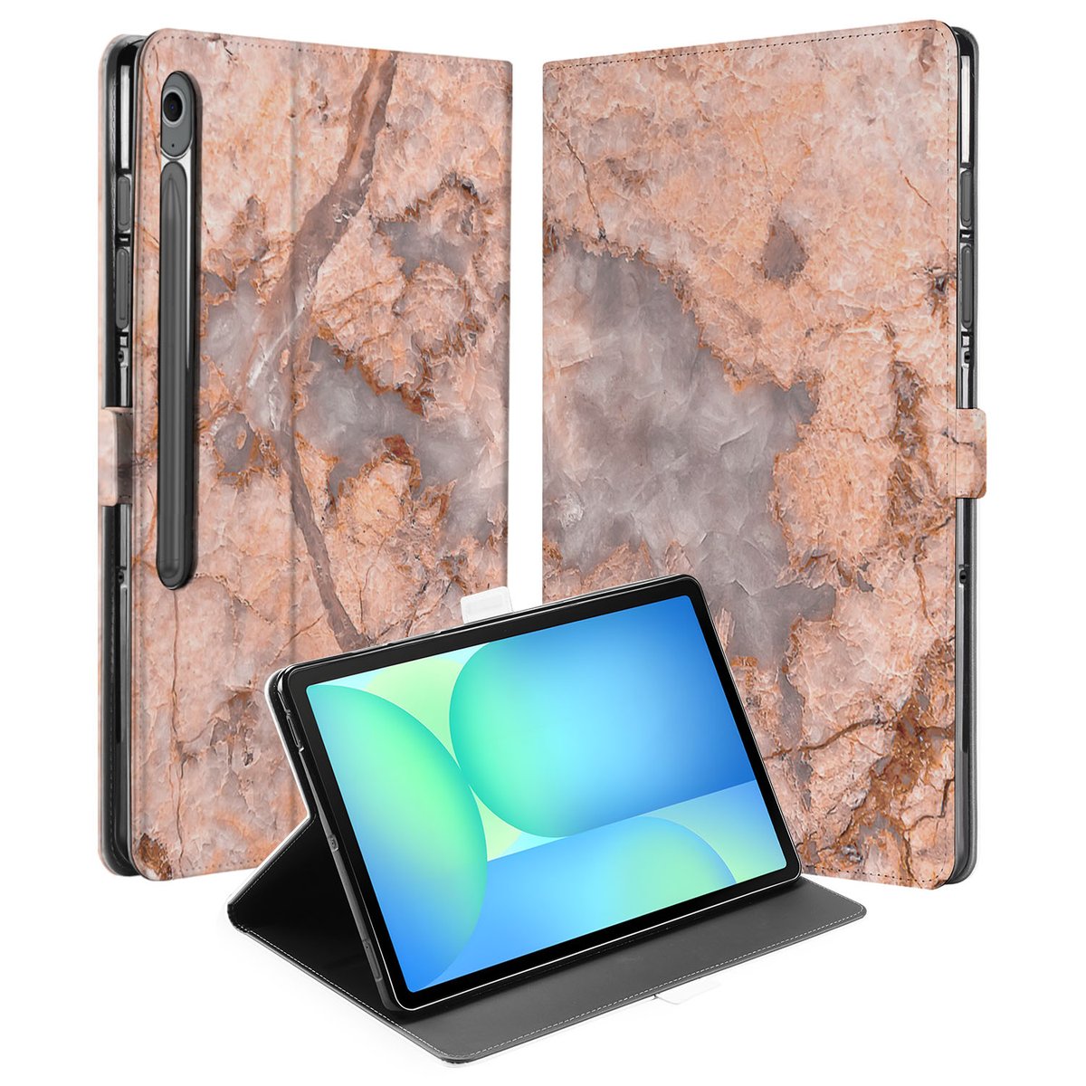 Samsung Galaxy Tab S10 FE Plus Tablet Hoesje Marmer Oranje met Standaard voorkant achterkant open