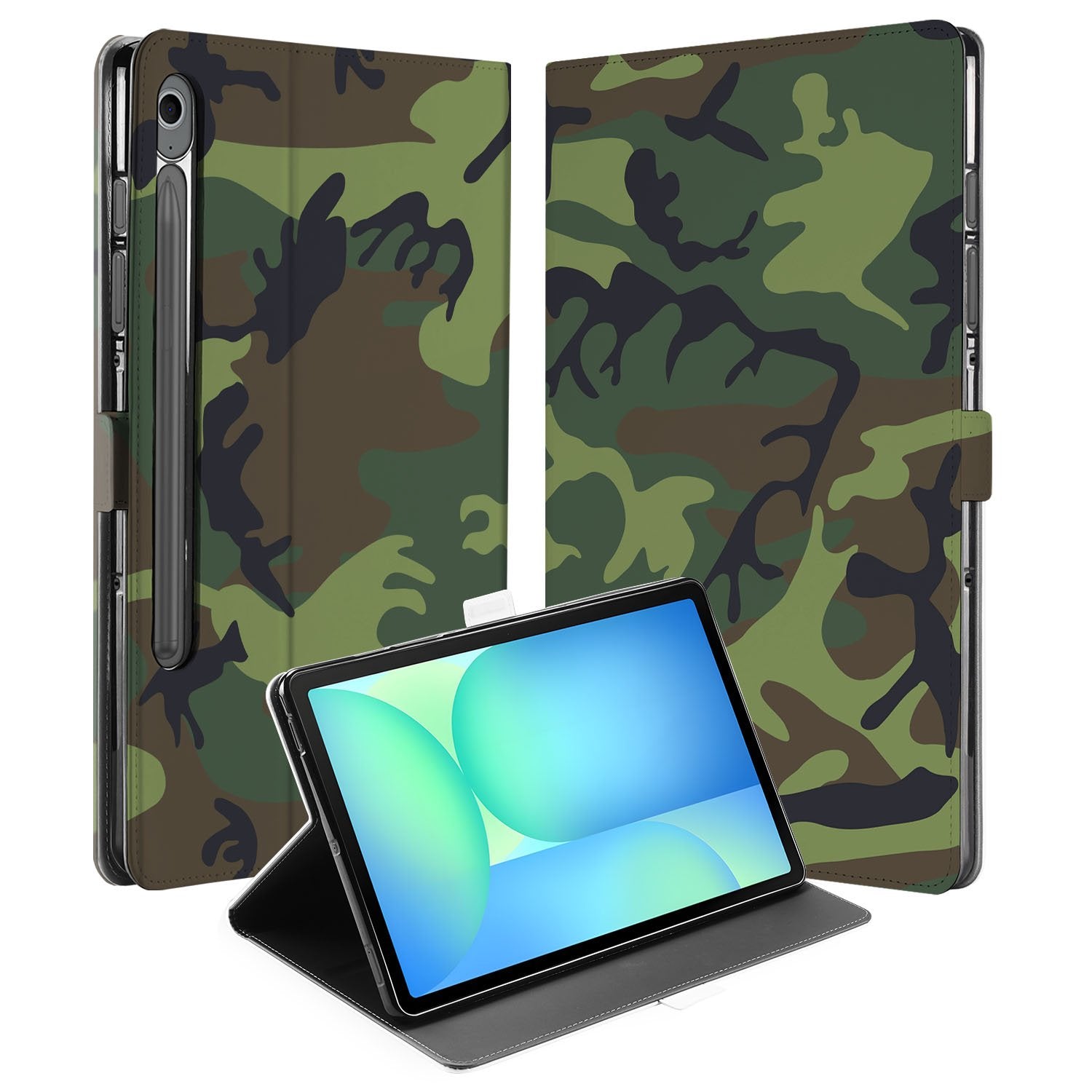 Samsung Galaxy Tab S10 FE | Tab S9 FE Book Case Hoesje met Standaard Army Dark camouflage design voorkant achterkant